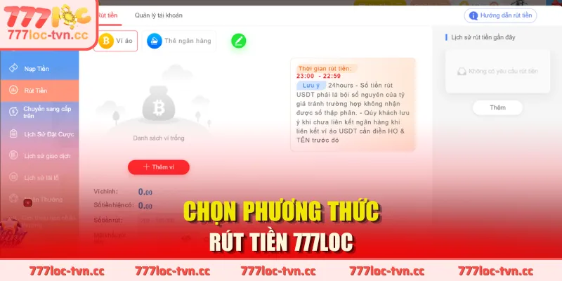 Chọn phương thức rút tiền 777LOC